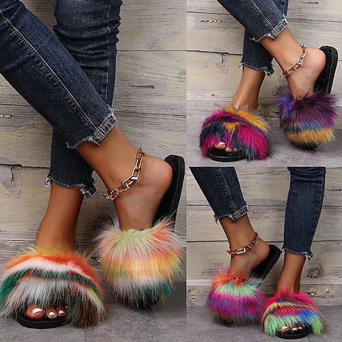 

Women's Slippers Fuzzy Slippers Fluffy Slippers Winter Summer Round Toe Faux Fur Solid Colored Purple Light Red Orange