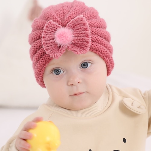 

Chapéu de malha de lã de bebê cor sólida arco recém-nascido bola de cabelo pulôver quente boné infantil acessórios fofos diários