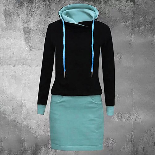 

vestido com capuz feminino vestido de inverno curto mini vestido rosa azul claro manga longa bloco de cores bolso patchwork queda com capuz casual 2022 s m l xl xxl 3xl