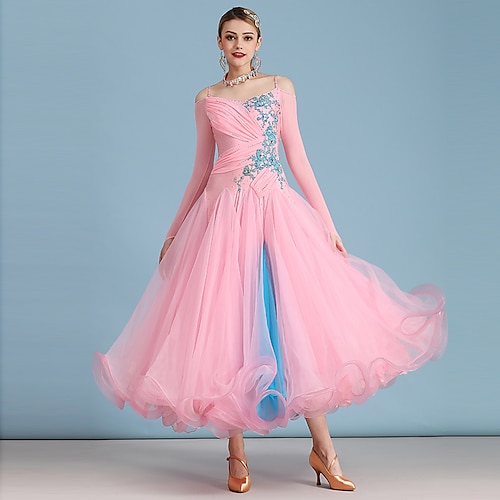 

Ballroom Dance Dress Rhinestone Splicing Women's Performance Long Sleeve High Spandex Organza Tulle