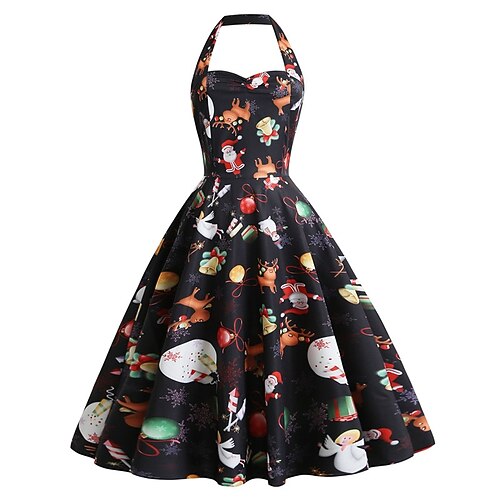 

A-Line Party Dresses Vintage Dress Christmas Knee Length Sleeveless Halter Neck Polyester with Pattern / Print 2022