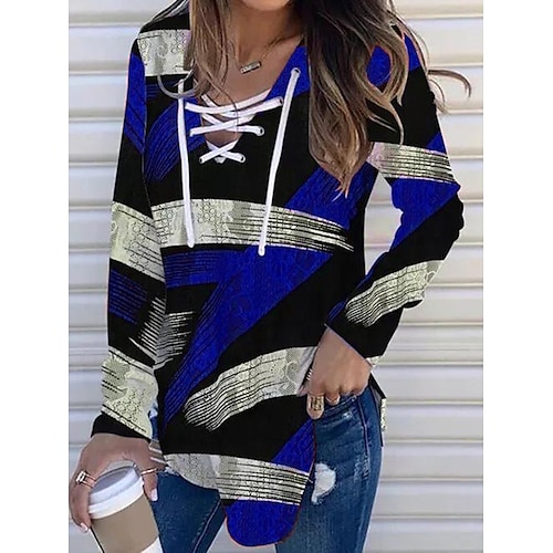 

Women's Shirt Green Blue Purple Color Block Lace up Print Long Sleeve Daily Weekend Streetwear Casual V Neck Long S / 3D Print