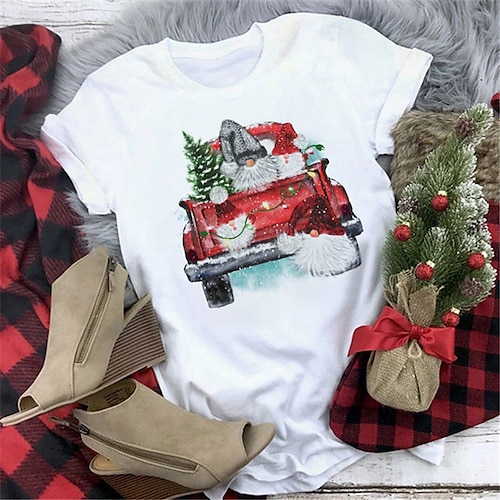 

Women's T shirt Tee Plaid Color Block Santa Claus Gift Casual Weekend Painting T shirt Tee Short Sleeve Print Round Neck Basic Essential Green White Wine S