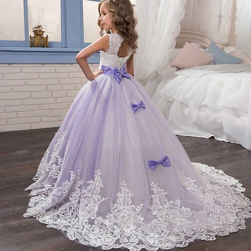 

Wedding Halloween Princess Flower Girl Dresses Jewel Neck Sweep / Brush Train Tulle Mikado Spring Summer with Bow(s) Appliques Cute Girls' Party Dress Fit 3-16 Years