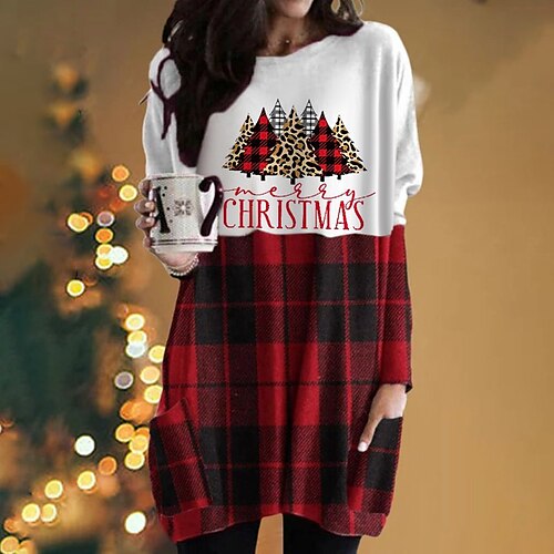 

Women's Shirt Pink Wine Red Plaid Snowflake Pocket Print Long Sleeve Casual Basic Round Neck Long S