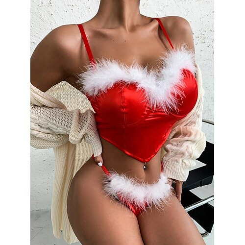 

Women's Christmas Lingeries Gift Sexy Lingerie Lingerie Set Costumes 2 Pieces Patchwork Sexy Uniforms Costume Party Soft Party Straps Feather Adjustable Red / Hook & Eye