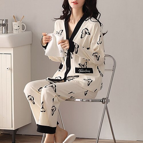 

Women's Pajamas Sets Nighty Pjs 2 Pieces Butterfly Fashion Sport Simple Home Street Daily Polyester Breathable Gift V Wire Long Sleeve Shirt Pant Elastic Waist Fall Spring Blue Khaki / Buckle