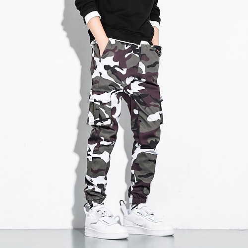 

Men's Cargo Pants Cargo Trousers Trousers Elastic Waist Multi Pocket Print Camouflage Full Length Casual Daily Streetwear ArmyGreen White Inelastic