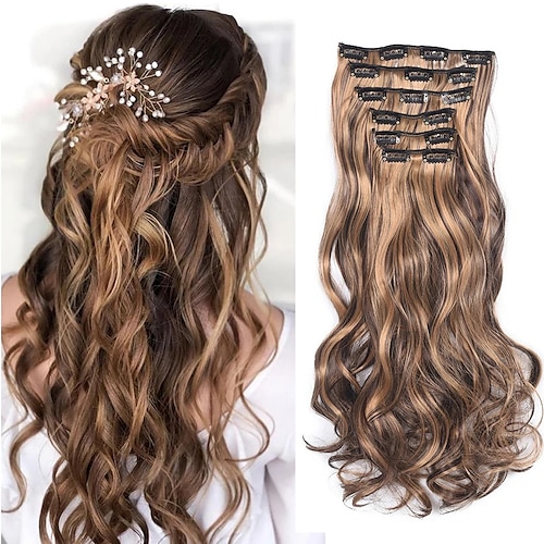

Clip In Hair Extension 20Inch 16 Clips Long Synthetic Hair Heat Resistant Hairpiece Natural Wavy Ombre Hair Piece 6Pcs/Set