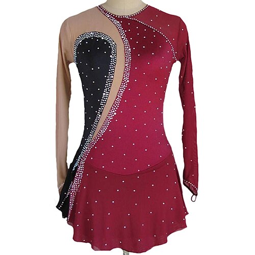 

Figure Skating Dress Women's Girls' Ice Skating Dress Outfits Burgundy Mesh Spandex High Elasticity Training Competition Skating Wear Handmade Patchwork Crystal / Rhinestone Long Sleeve Ice Skating