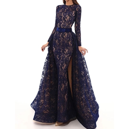 

A-Line Evening Gown Detachable Elegant Dress Engagement Sweep / Brush Train Long Sleeve Jewel Neck Lace with Slit Embroidery 2022