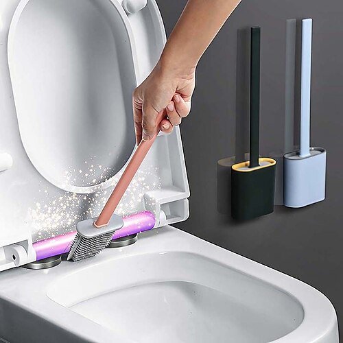 

Silicone Toilet Brush with Base Rubber Head Holder Floor-standing Wall-mounted Seamless Cleaning Brush Bathroom Accessories