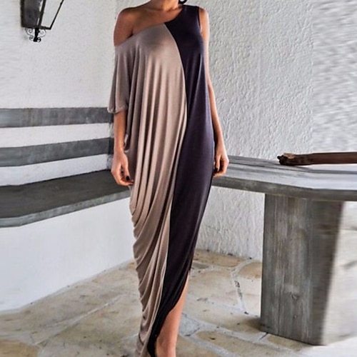 

Women's Shift Dress Long Dress Maxi Dress Black Khaki Short Sleeve Color Block Patchwork Spring Summer One Shoulder Loose Fit S M L XL XXL 3XL