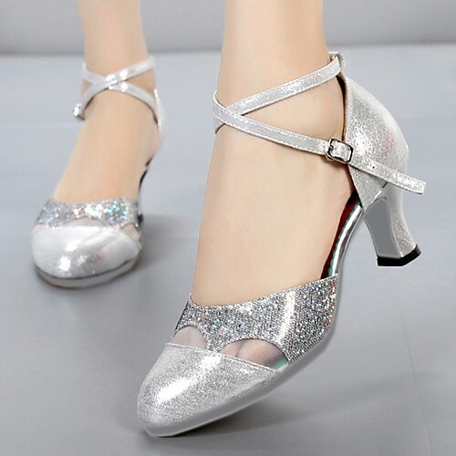 

Women's Ballroom Shoes Modern Shoes Practice Party /Prom Outdoor Waltz Heel Glitter Splicing Tulle Cuban Heel Buckle Cross Strap Silver Gold