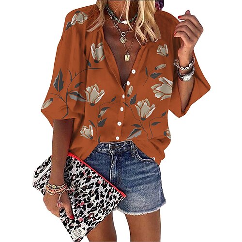 

Women's Blouse Shirt Orange White Black Floral Flower Patchwork Print Long Sleeve Daily Basic Shirt Collar Long S