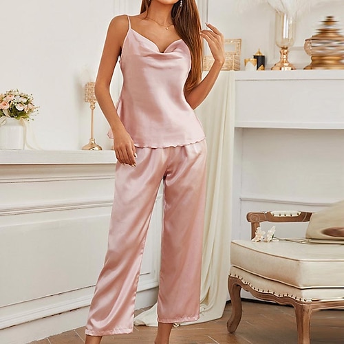 

Women's Pajamas Sets Nighty Pjs 2 Pieces Pure Color Fashion Simple Comfort Home Daily Bed Satin Breathable Gift V Wire Sleeveless Strap Top Pant Backless Elastic Waist Spring Summer Pink / Silk