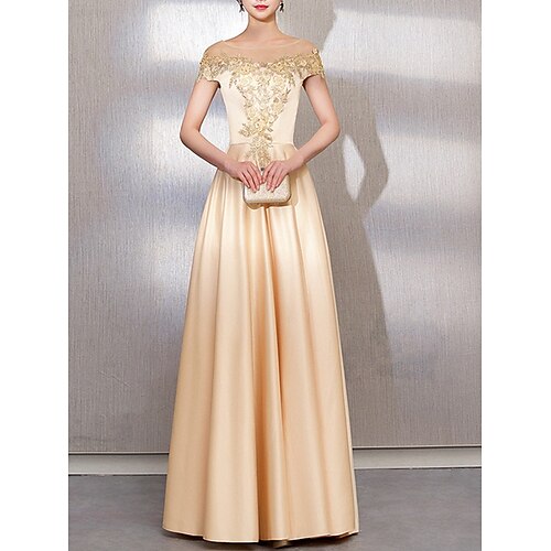 

A-Line Mother of the Bride Dress Elegant Jewel Neck Floor Length Satin Short Sleeve with Appliques 2022