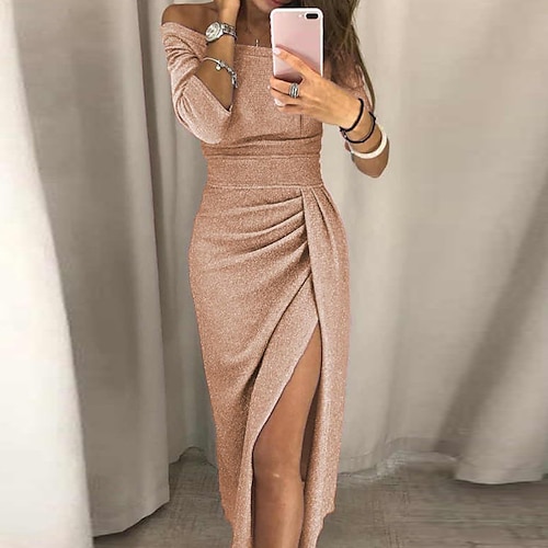 

Sheath / Column Sparkle Sexy Party Wear Prom Dress Off Shoulder Half Sleeve Ankle Length Jersey with Ruched Slit 2022 / Cocktail Dresses