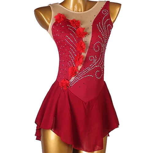 

Figure Skating Dress Women's Girls' Ice Skating Dress Outfits Burgundy Yellow Open Back Patchwork Mesh Spandex High Elasticity Training Practice Professional Skating Wear Handmade Classic Crystal