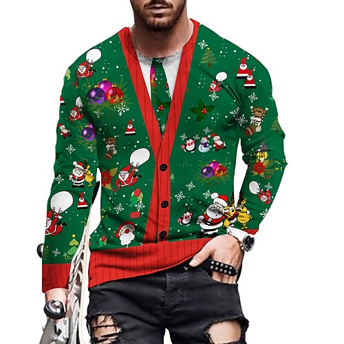 

Men's Christmas T shirt 3D Print Graphic Print Long Sleeve Tops Round Neck Black Green Rainbow / Fall / Winter