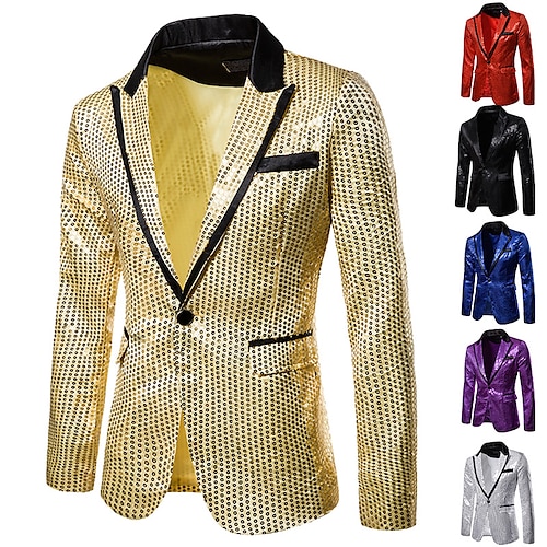 

Men's Blazer Cocktail Attire Thermal Warm Breathable Party Street Single Breasted One-button Peaked Lapel Streetwear Casual Jacket Solid Color Sequins Pocket Black Blue Purple / Winter Fall