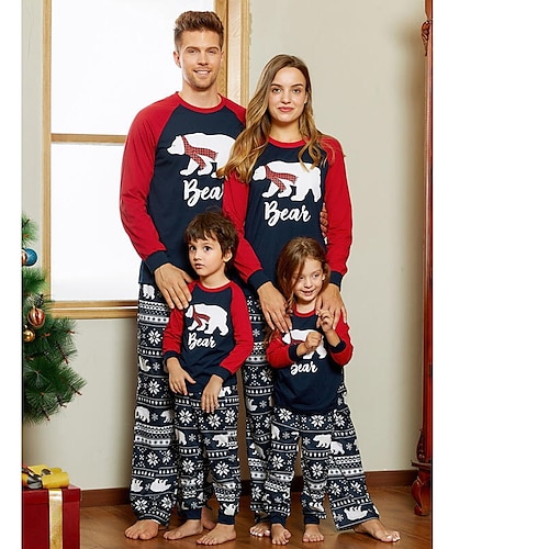 

Christmas Pajamas Family Look Bear Christmas pattern Letter Sports Print Dusty Blue Long Sleeve Active Matching Outfits