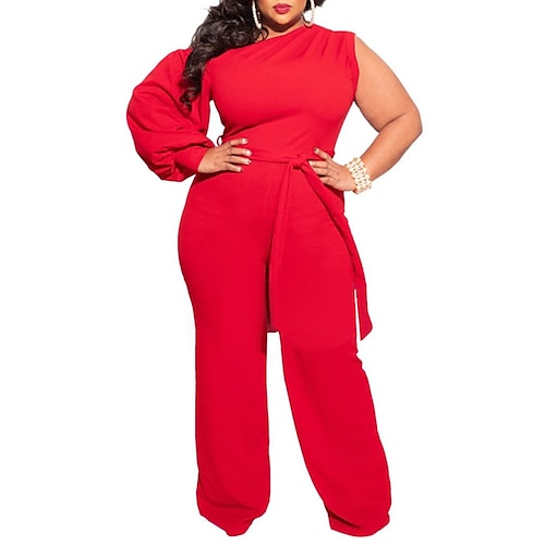 

Women's Plus Size Jumpsuit Lace up Solid Colored Long Sleeve Streetwear Fall White Black Red L XL XXL 3XL 4XL / One Shoulder