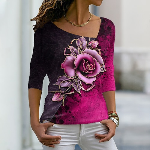 

Damen T Shirt Rosa Rote Blau Rose Blume Bedruckt Langarm Täglich Wochenende Basic V Ausschnitt Standard Blume Farbe S