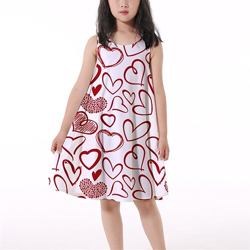

Kids Girls' Dress Heart A Line Dress Above Knee Dress Daily Print Sleeveless Cute Dress 3-10 Years Summer Red