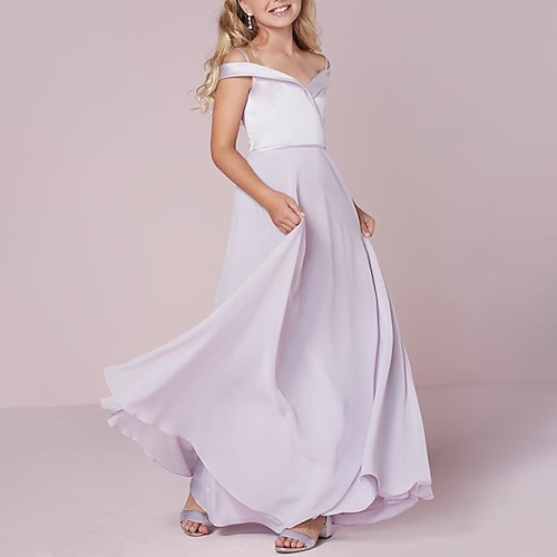 

A-Line Floor Length Off Shoulder Chiffon Junior Bridesmaid Dresses&Gowns With Pleats Wedding Party Dresses 4-16 Year