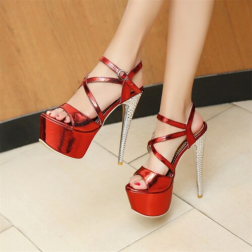 

Women's Sandals Daily Stilettos Platform Sandals Summer Sequin Platform High Heel Chunky Heel Peep Toe Casual Patent Leather Ankle Strap Solid Colored Silver Black Red