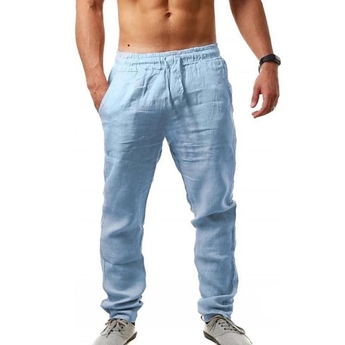 

Men's Linen Pants Trousers Beach Pants Pocket Drawstring Elastic Waistband Plain Comfort Breathable Daily Stylish Hip Hop Dark Khaki Light Khaki Micro-elastic