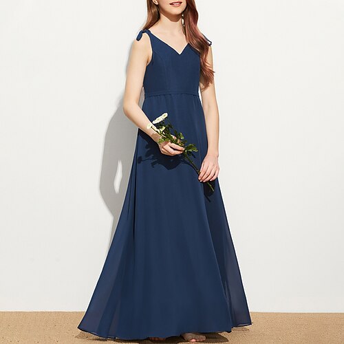 

A-Line Floor Length V Neck Chiffon Junior Bridesmaid Dresses&Gowns With Bow(s) Wedding Party Dresses 4-16 Year