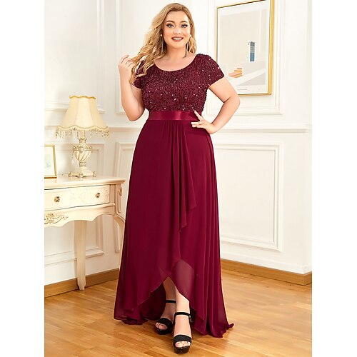 

A-Line Plus Size Elegant Homecoming Formal Evening Dress Jewel Neck Short Sleeve Asymmetrical Chiffon with Sequin 2022