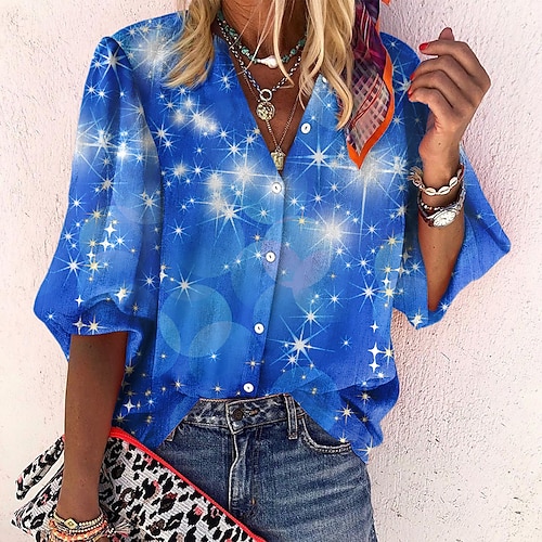 

Women's Shirt Blouse Red Blue Light Blue Galaxy Sparkly Button Print Long Sleeve Daily Weekend Streetwear Casual Standing Collar Regular S