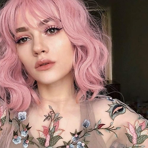 

Pink Wig Bob with Bangs Wig for Women Glueless Bob Wig Short Curly Cosplay Wig Synthetic Heat Resistant Fiber Pastel Wig