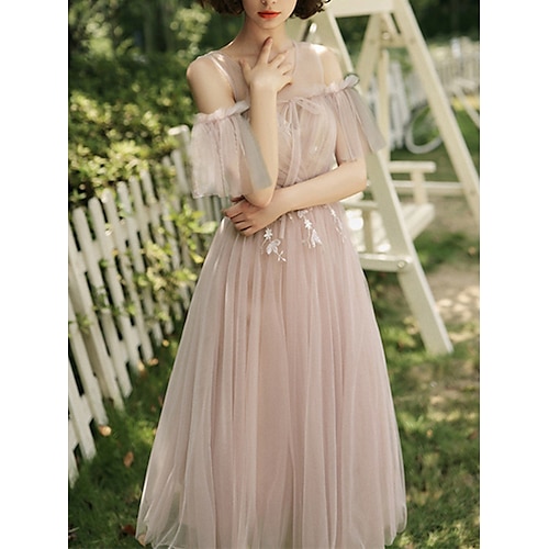 

A-Line Bridesmaid Dress Jewel Neck Half Sleeve Elegant Tea Length Tulle with Pleats / Appliques 2022