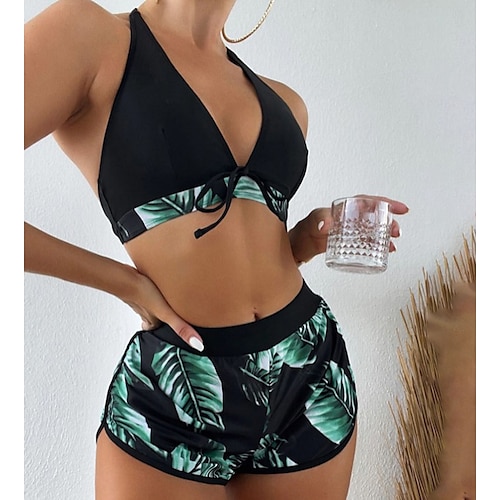 

Mujer Bañadores Bikini Tres piezas Normal Traje de baño Espalda Abierta Cintura elástica Floral Negro Cabestro Acolchado Escote en V Trajes de baño Deportes Vacaciones Sensual / Dulce / Moderno