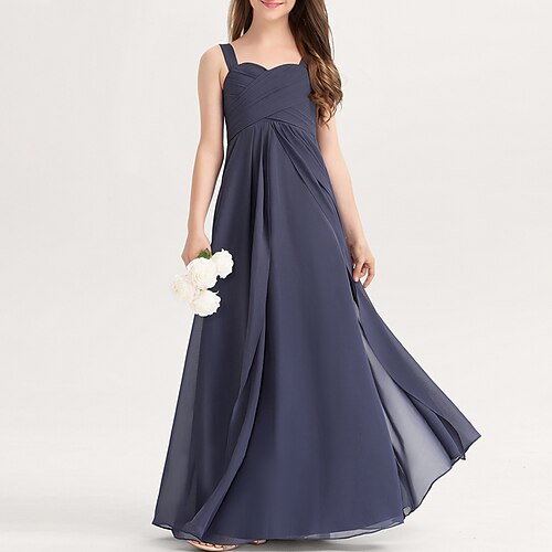 

A-Line Floor Length Square Neck Chiffon Junior Bridesmaid Dresses&Gowns With Ruching Wedding Party Dresses 4-16 Year