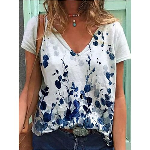 

Women's Floral Theme T shirt Floral Plants Patchwork Print V Neck Basic Tops White / 3D Print