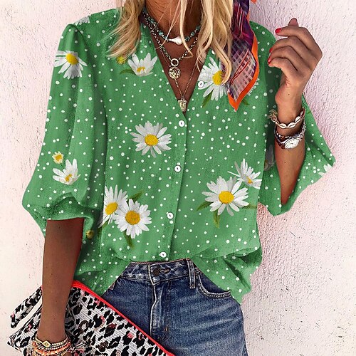 

Women's Blouse Shirt Green Blue Black Polka Dot Daisy Button Print Long Sleeve Holiday Weekend Streetwear Casual Standing Collar Regular Floral S