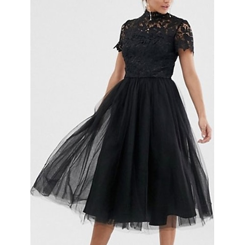 

A-Line Little Black Dress Party Wear Wedding Guest Cocktail Party Dress High Neck Short Sleeve Tea Length Lace with Pleats 2022