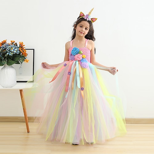 dívčí duhový jednorožec bez rukávů 3D tištěné grafické šaty princeznovské sladké maxi šaty děti batole představení party speciální příležitost síťovina