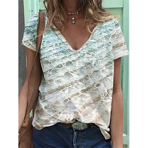 

Women's T shirt Tee Blue 3D Ocean Short Sleeve Casual Daily Basic V Neck Regular 3D Printed S