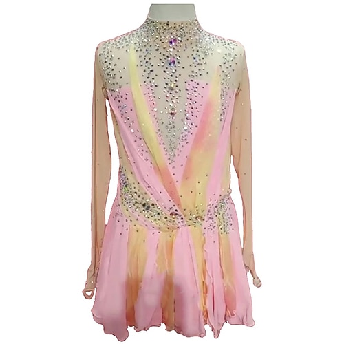 

Figure Skating Dress Women's Girls' Ice Skating Dress Outfits Pink Mesh Spandex High Elasticity Competition Skating Wear Handmade Crystal / Rhinestone Long Sleeve Ice Skating Figure Skating / Summer