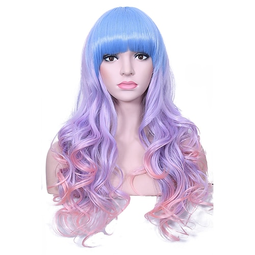 

Long Rainbow Unicorn Wavy Wigs Multi-color Heat Resistant Hair with Blunt Bangs Harajuku Style Cosplay Halloween Wigs Light Blue/Purple/Pink