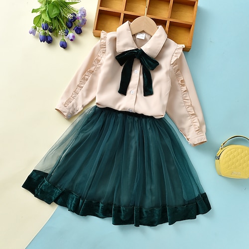 

2 Pieces Kids Girls' Shirt & Skirt Clothing Set Outfit Print Long Sleeve Pleated Cotton Set School Basic Fall Spring 2-6 Years Khaki