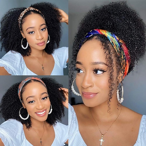 

Human Hair Wig Afro Curly With Headband Natural Best Quality Fashion 100% Virgin Capless Brazilian Hair Women's Natural Black #1B 12 inch 14 inch 16 inch Daily Thanksgiving New Year