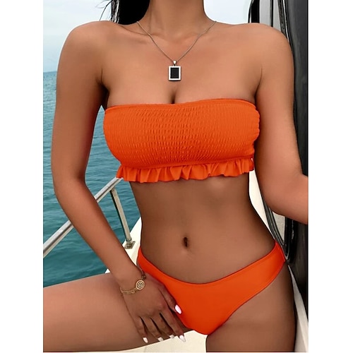 

Women's Swimwear Bikini 2 Piece Normal Swimsuit Open Back Bandeau Solid Color Black Pink Wine Orange Red Bandeau Tube Top Strapless Bathing Suits New Vacation Sexy / Modern / Padded Bras