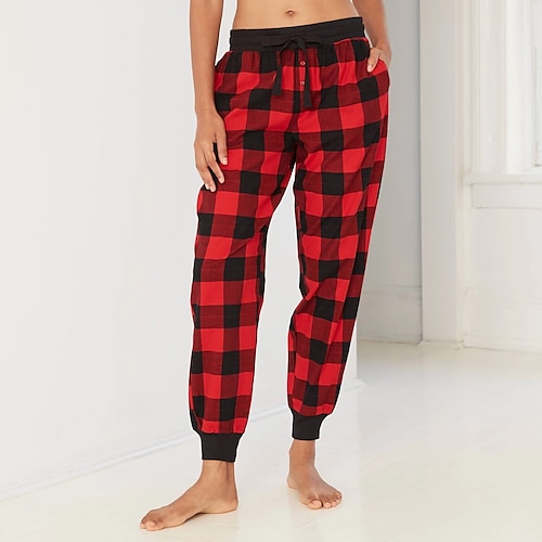 

Women's Casual / Sporty Athleisure Jogger Sweatpants Side Pockets Elastic Drawstring Design Print Full Length Pants Daily Weekend Micro-elastic Plaid Checkered Comfort Mid Waist Blue White Black Red